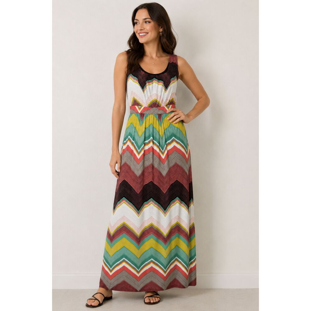 Worthington Womens S Chevron Stripe Maxi Dress Sleeveless Keyhole Back